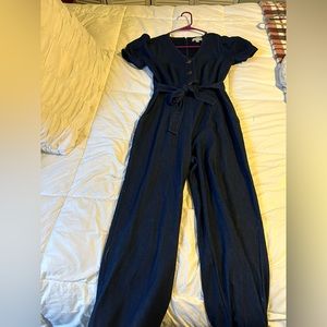 Dark Wash Jean Jumpsuit Puff Sleeves Pockets by Shelby & Palmer